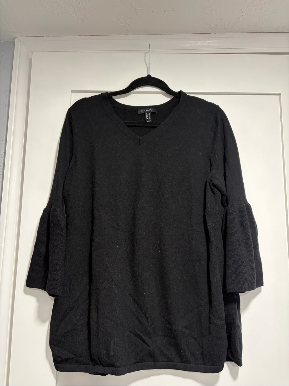 H by Halston Black V-Neck Bell Sleeve Sweater